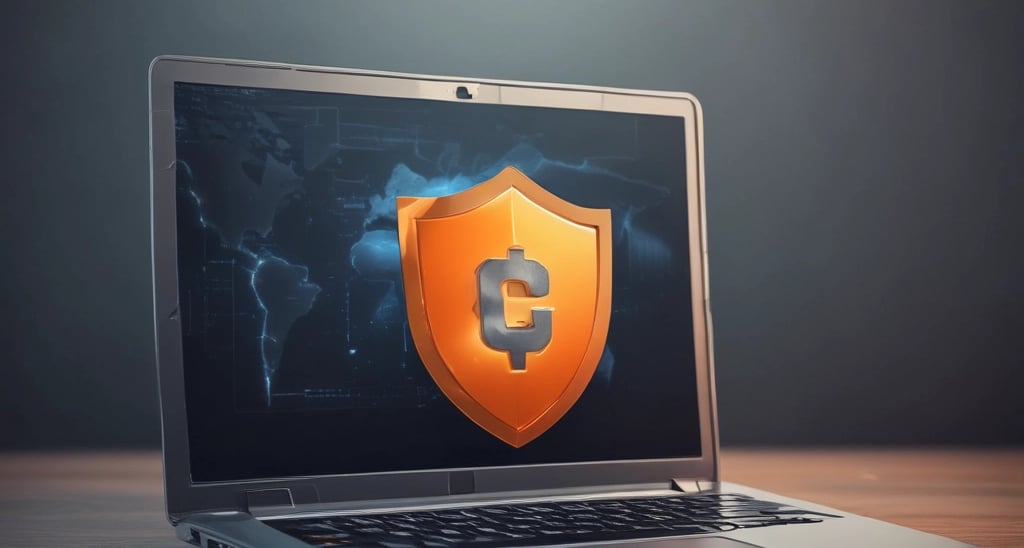Ilustração digital de cibersegurança com um laptop exibindo um ícone de escudo laranja, simbolizando