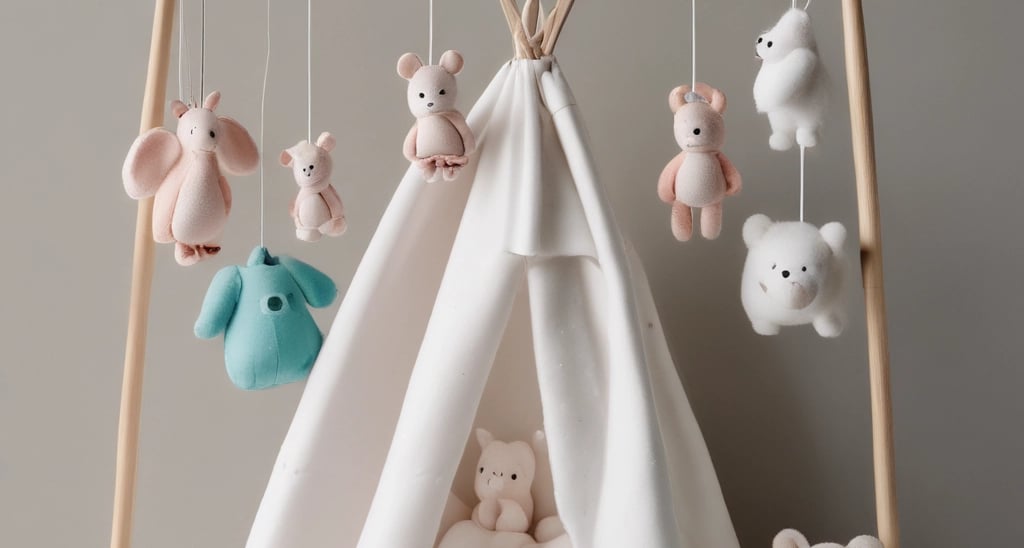 A variety of plush toys are arranged on shelves, including a prominent raccoon with a rainbow tuft, several pink pigs, and other stuffed animals. The toys have attached tags with printed text and designs.