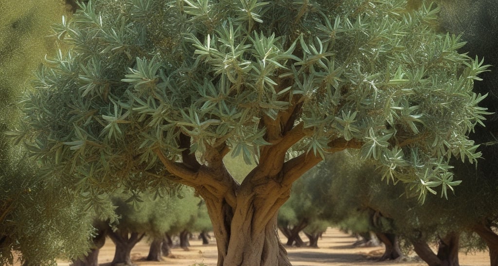 A lush green landscape featuring a tree with two main trunks stands prominently in the center. Surrounding the tree is a dense collection of green shrubs and bushes. The grass is vibrantly green, suggesting a well-maintained or natural area. The light filtering through the leaves gives a serene and peaceful feel.