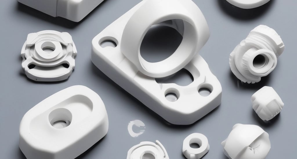 A metallic engine part and a piston are placed against a plain white background. The engine component has a cylindrical bore with multiple ridges on top, highlighting precision engineering. Beside it is a piston with a smooth, shiny surface marked with an 'IN'. Both objects exhibit a clean and polished finish.