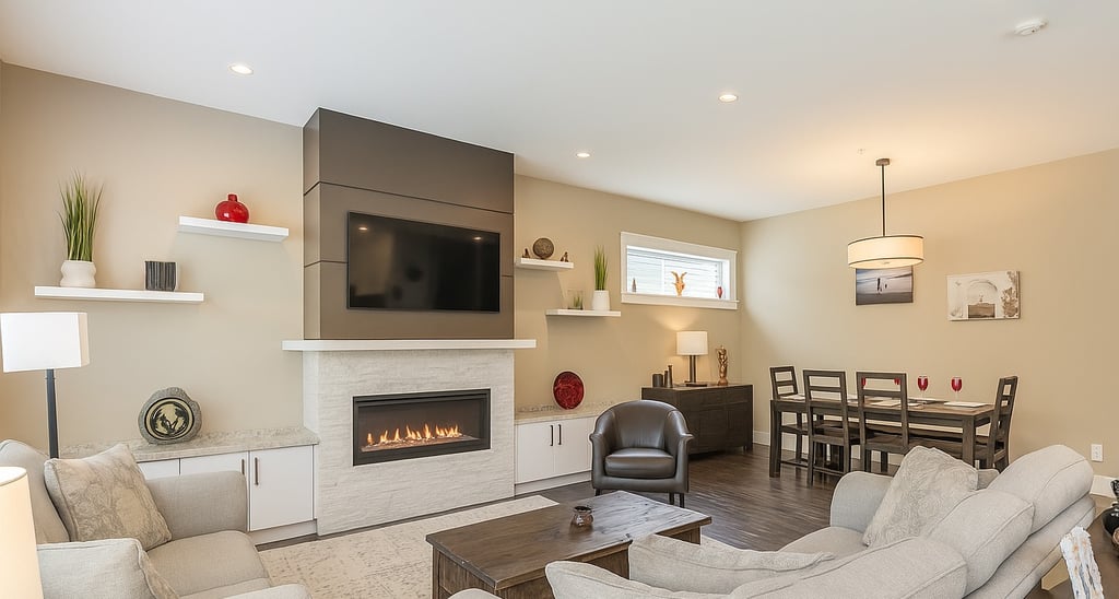 Modern open concept living room and dining area featuring a gas fireplace and wall-mounted TV.