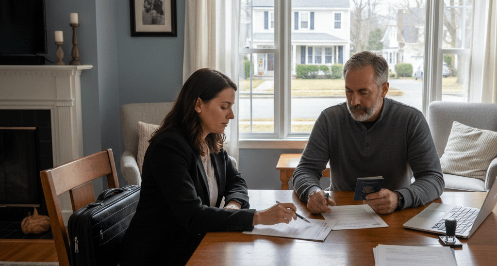 Mobile notary helping a client in Woburn MA