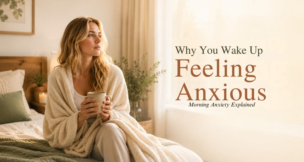 Woman waking up feeling anxious while sitting on her bed with a cup of tea in soft morning sunlight.
