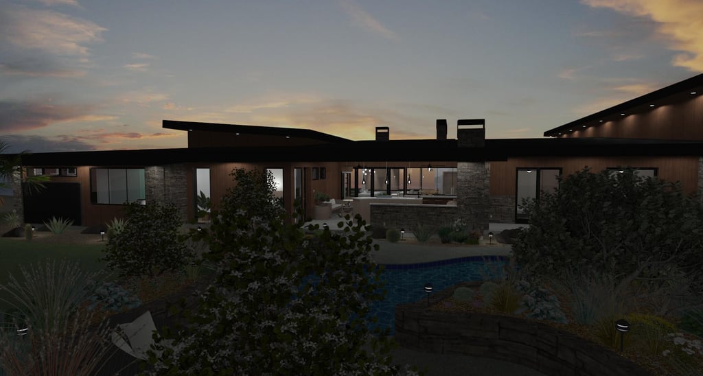 Vista Valley Contemporary Home Night Render Rear