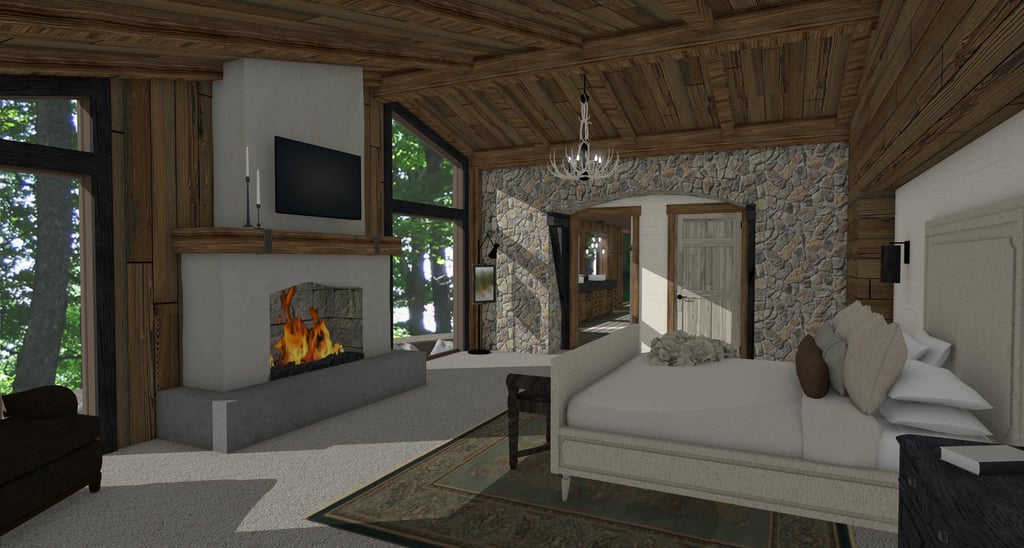 SkyHaven Timber Frame Mountain Home Bed Suite Render