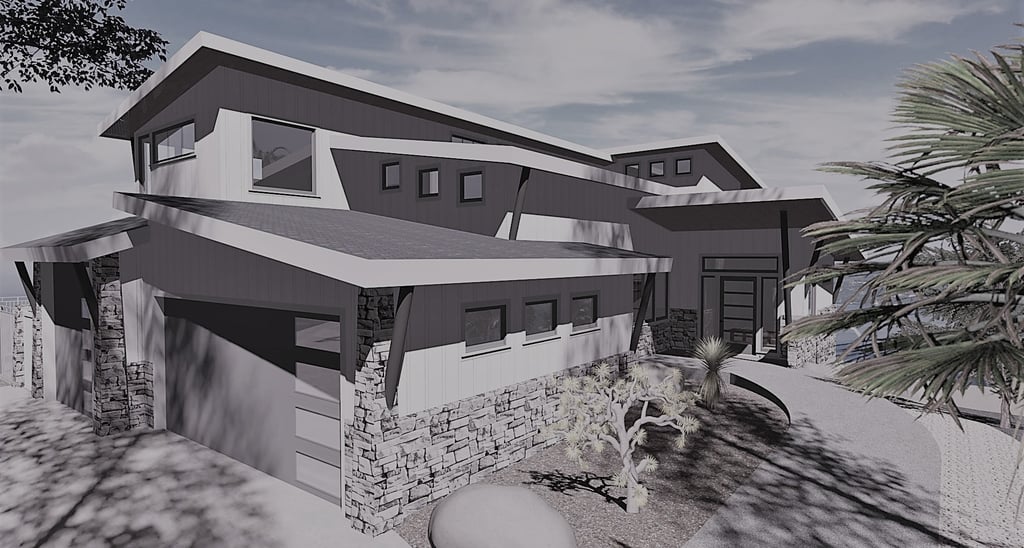 Castle Ridge Hillside Contemporary Home Slate Render Front