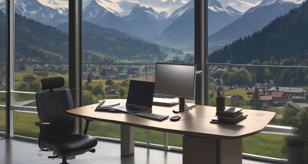 Swiss Alps view through office window – business inspiration
