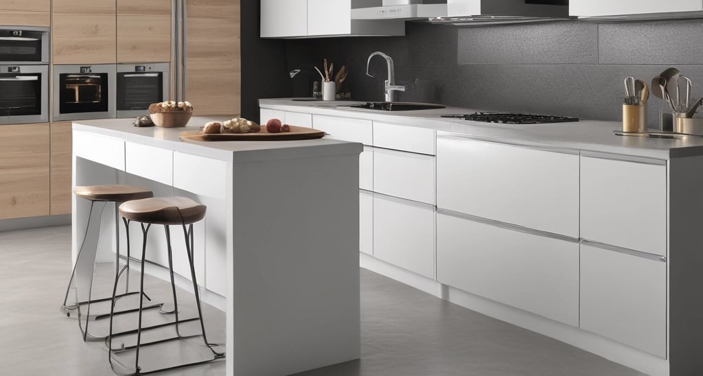 A modern kitchen design featuring sleek cabinets and a spacious layout.