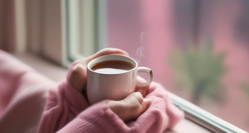 A softly lit evening scene with a steaming cup of tea next to an open journal and a flickering candle on a wooden table.