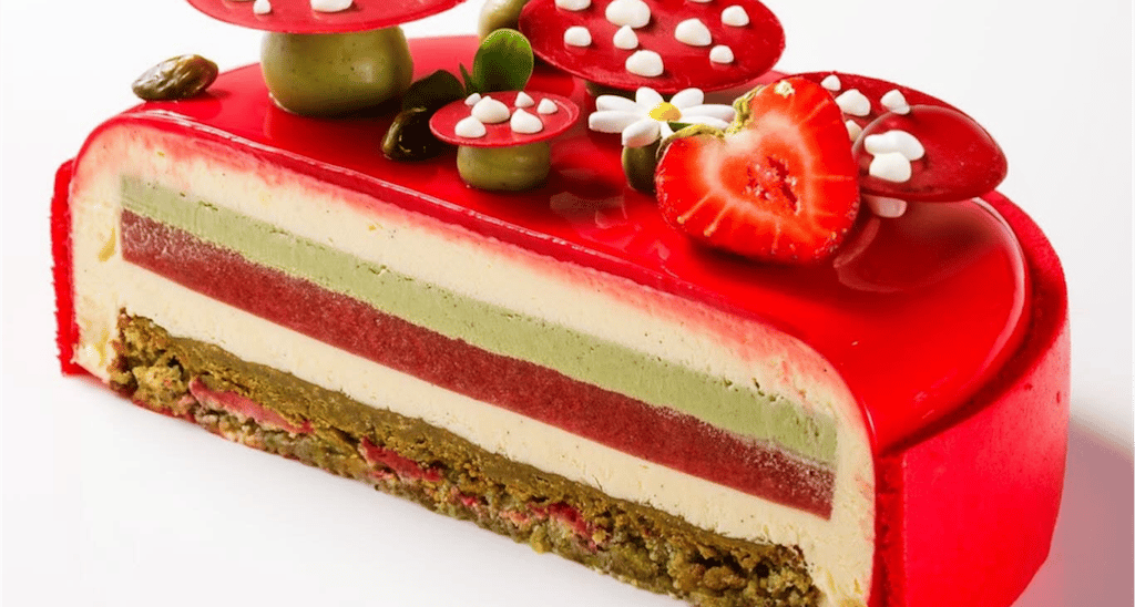 Gourmet layered strawberry pistachio mousse cake with red mirror glaze and mushroom decorations.