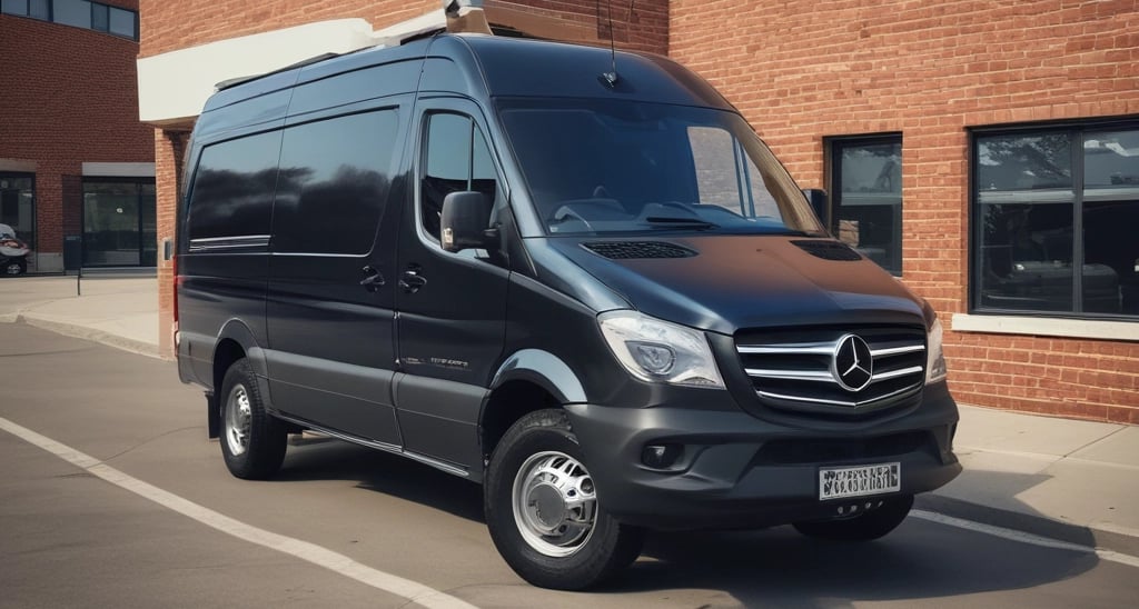 A sleek black delivery van with gold and aqua accents parked outside a modern warehouse at dusk.