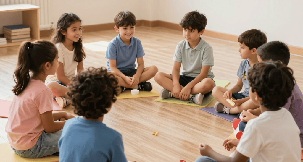 Children in colorful yoga mats stretching happily in a bright, sunlit studio.