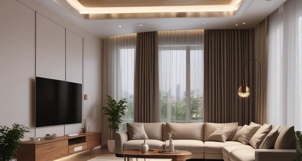 A minimalist interior design features soft pink and purple tones, showcasing a potted purple tree under an archway. Modern furniture, including woven chairs and a circular rug, complement the style. Light creates gentle shadows, enhancing the pastel aesthetic.