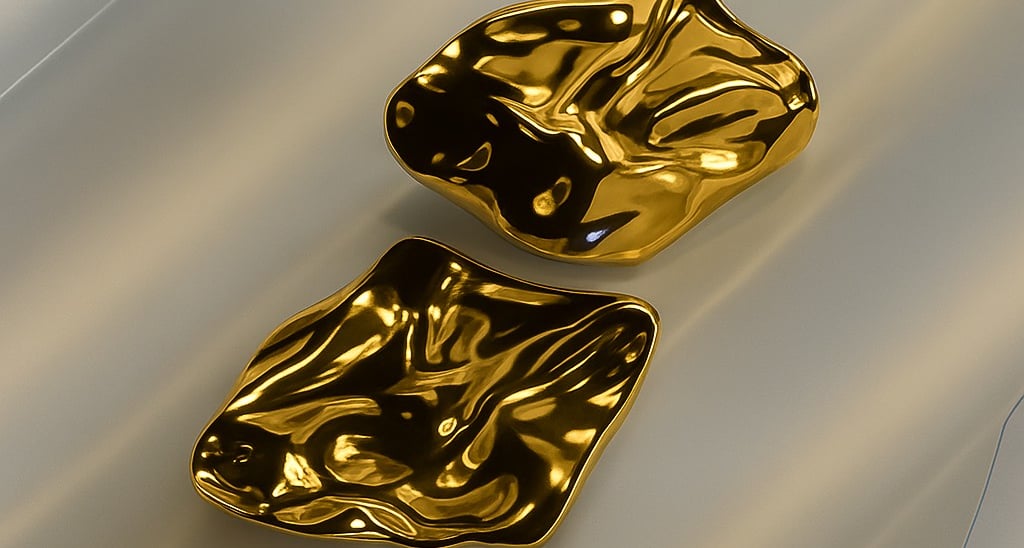 two gold plated dishes with a gold plated bowl