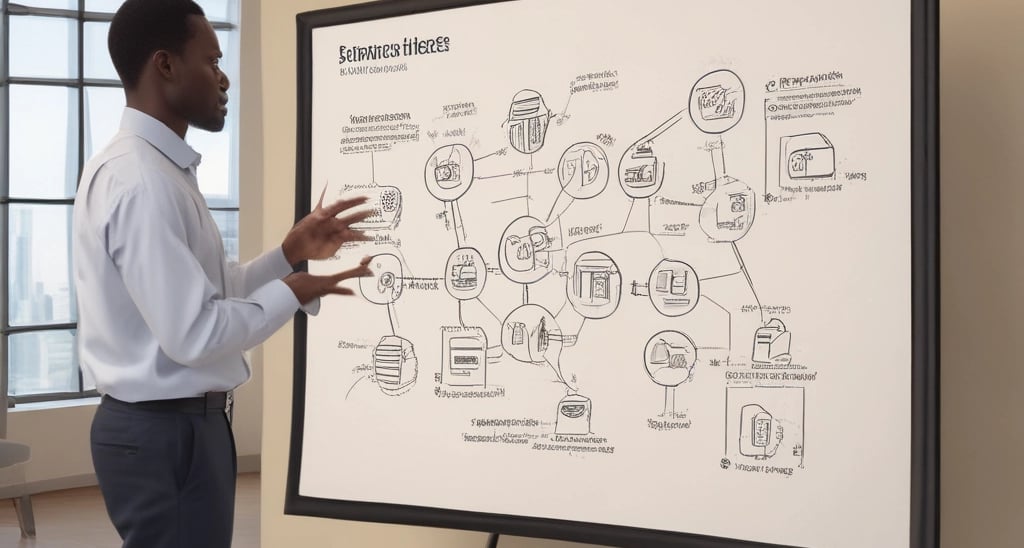 Three people are in a meeting room. One person is standing and pointing to a whiteboard filled with diagrams and flowcharts, while the other two are seated at a table with laptops and notebooks. The atmosphere appears focused and collaborative.