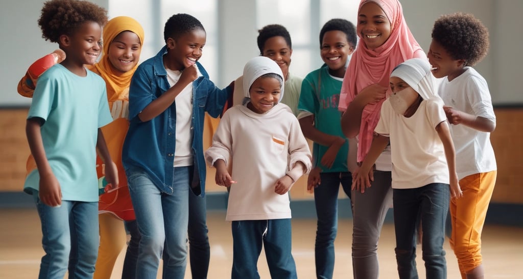 A group of smiling African and Middle Eastern children in hijabs and casual clothes playing football together on a sunny day in Nashville.