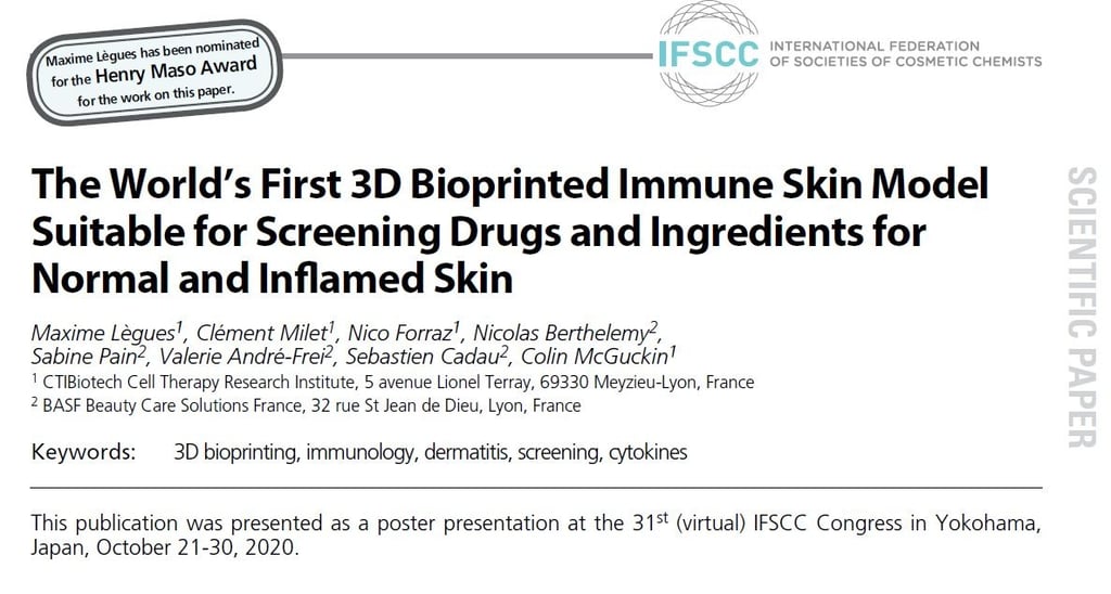 Scientific paper title page for the world's first 3D bioprinted immune skin model for drug screening.