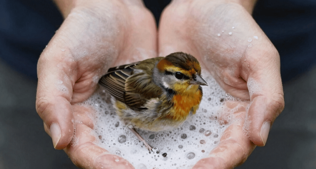 A close-up of hands gently holding a clear, pure liquid soap with natural green leaves in the background