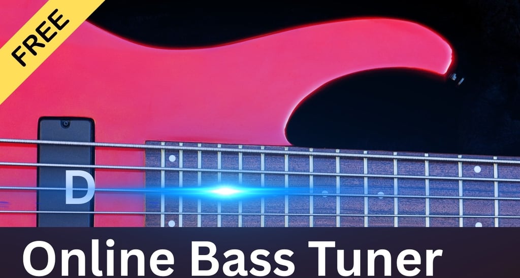 Red electric bass guitar fretboard featuring a free online bass tuner app display for tuning strings.