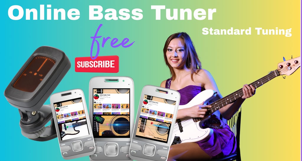 Woman playing electric bass next to a free online bass tuner app.