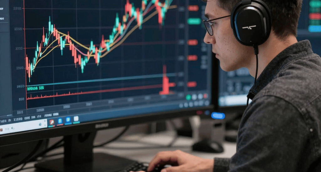 A sleek trading dashboard glowing with neon purple and cyan highlights against a dark glassmorphic background.