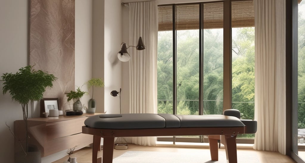 A serene home setting with soft lighting where a massage therapist is preparing for a relaxing session.