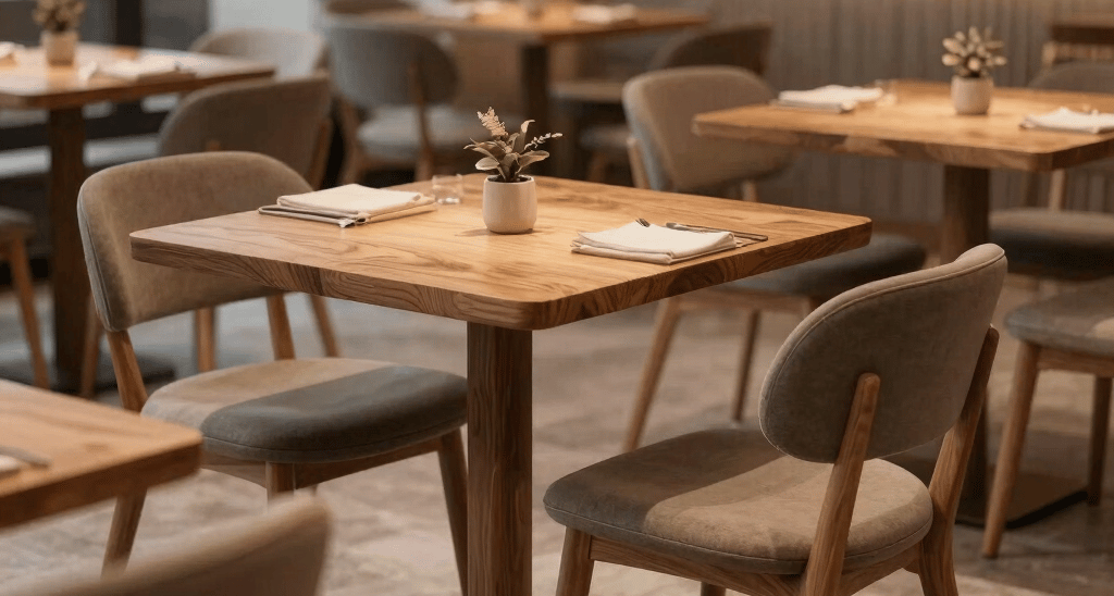 A beautifully crafted wooden café table with golden accents, showcasing smooth edges and a sleek modern design.