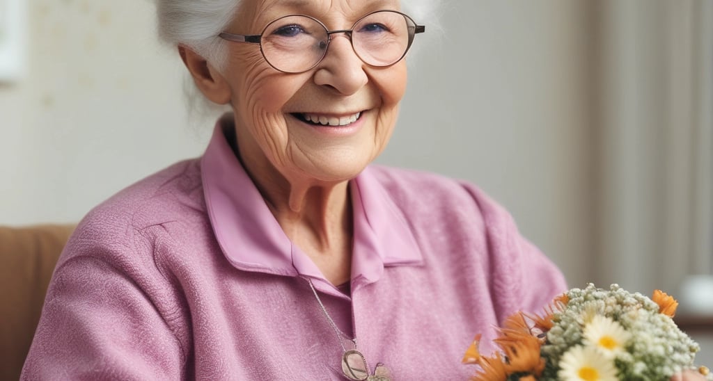 A compassionate caregiver assisting an elderly woman with a warm smile.