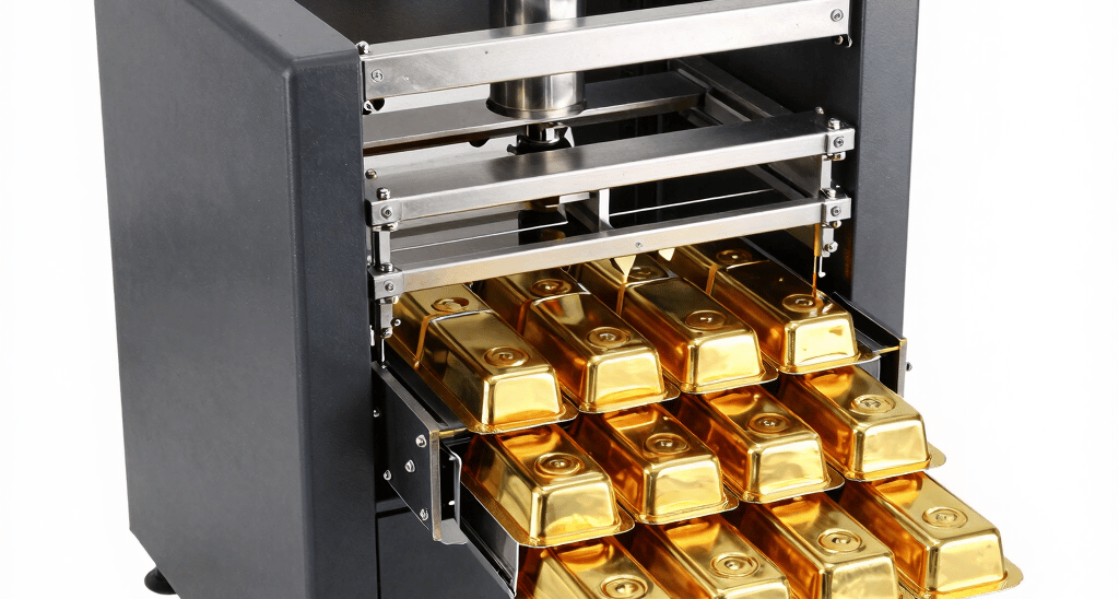 Close-up of a modern automatic blister packaging machine in operation.