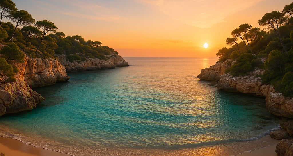 Serena cala de Mallorca con playa de arena, aguas turquesas cristalinas y pinos en los acantilados