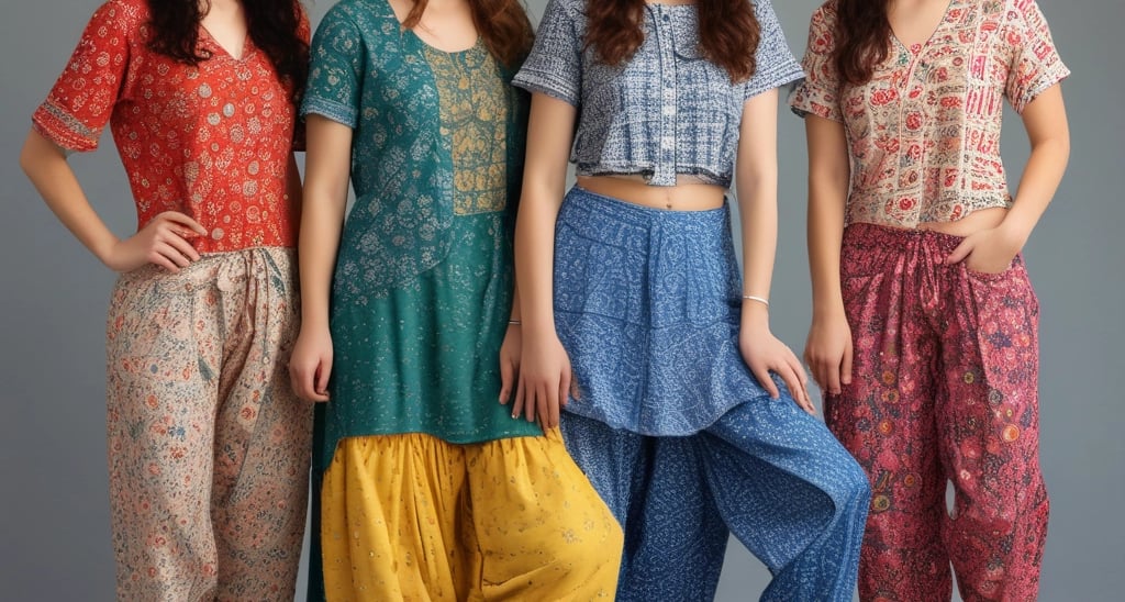 A store display filled with an assortment of colorful handcrafted items including plush toys, hanging decorations, and patterned pouches. Shelves are packed with creatively designed products, exhibiting vibrant textiles and intricate patterns. The scene is lively with a clutter of colors and textures, giving a sense of artisanal craftsmanship.