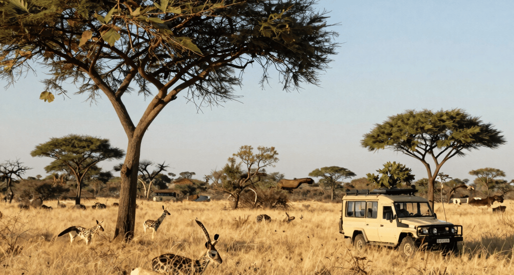 A panoramic view of Table Mountain under a clear blue sky, bathed in warm daylight.