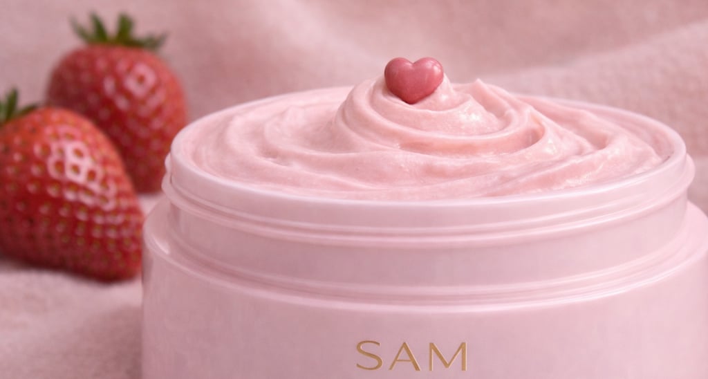Crema facial rosa de fresa en un frasco, con un adorno en forma de corazón tipo caramelo y fresas