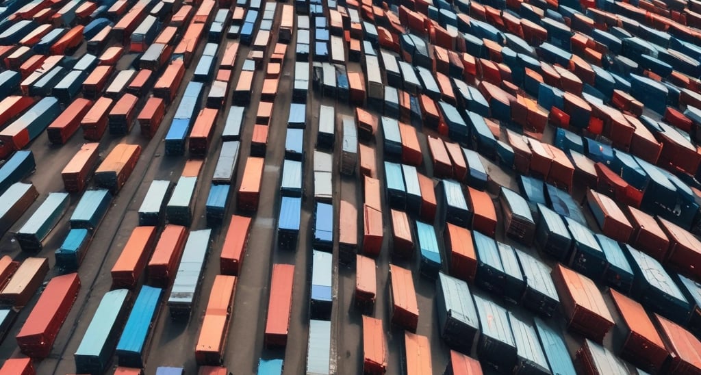 A fleet of trucks lined up in a logistics yard.