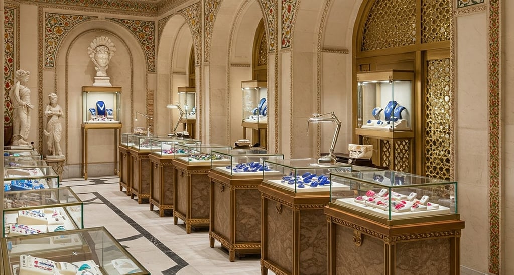 "Indian gemstone shop with multiple display counters"