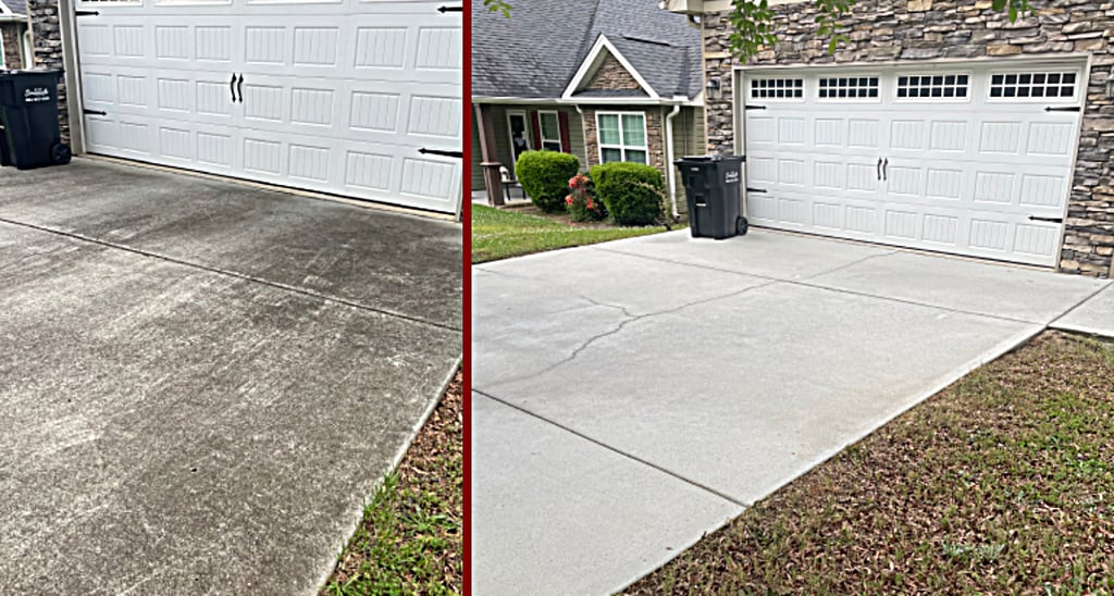 before & after picture of a house driveway professionally pressure wash. 