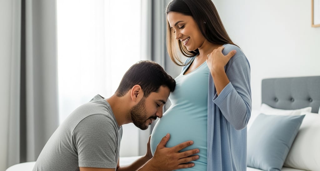 Pai conversando com a barriga da esposa grávida — vínculo e conexão emocional com o bebê