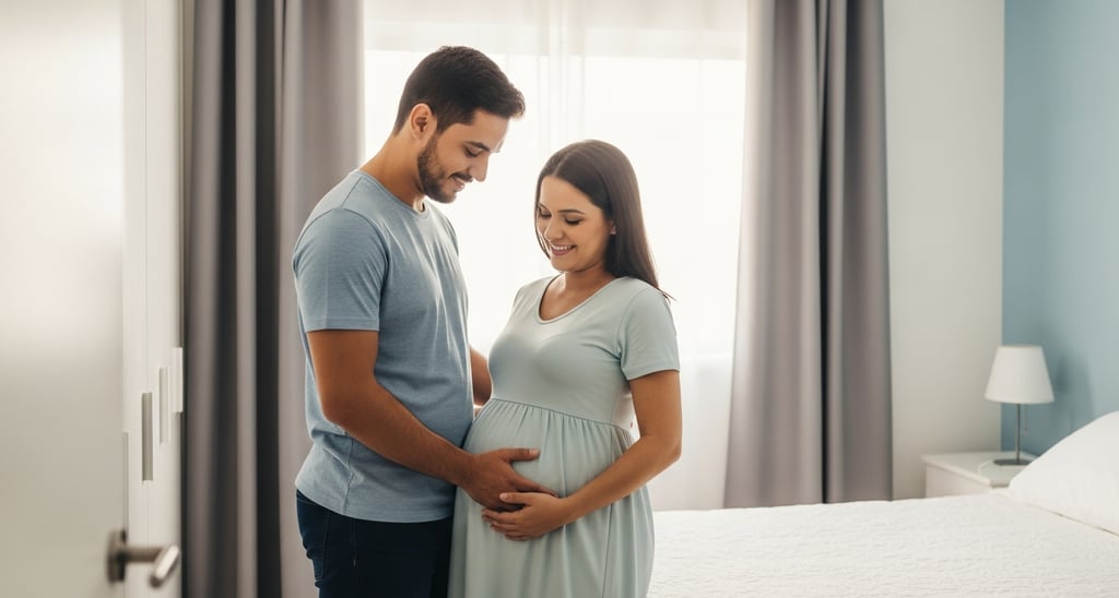 Pai colocando a mão na barriga da esposa grávida com ternura — participação ativa na gravidez
