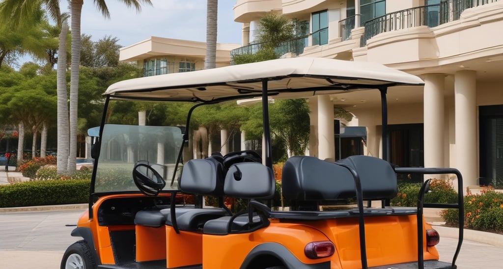 A sleek electric car parked on a lush green golf course.