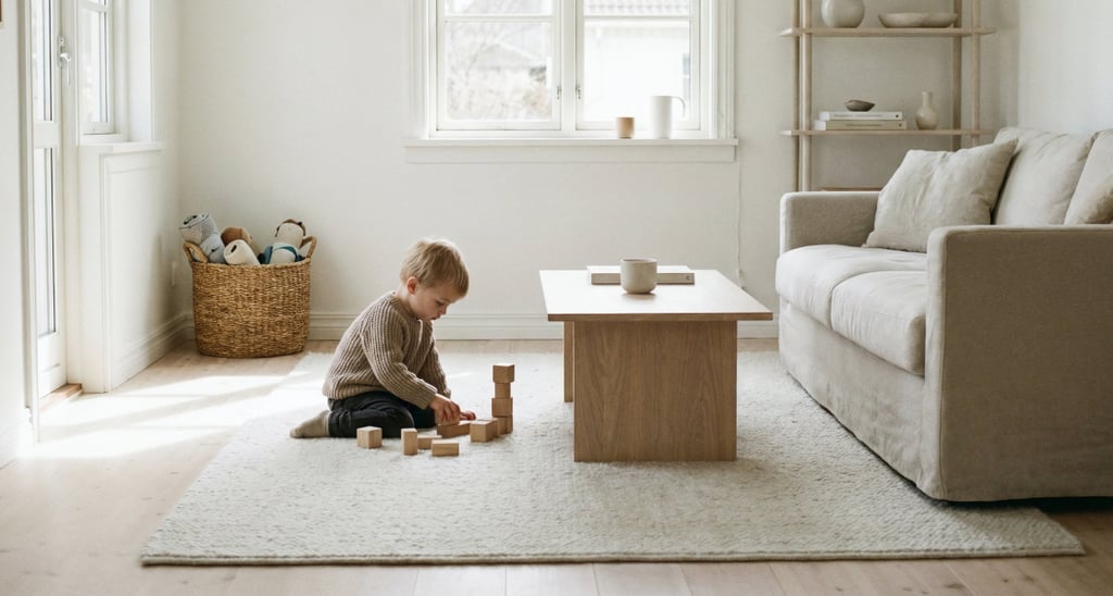 Minimalist living room with a child playing with wooden blocks