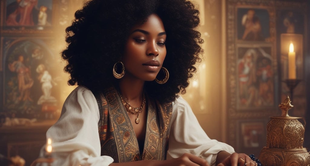 A serene tarot reading setup with candles and crystals glowing softly in a cozy, mystical room.