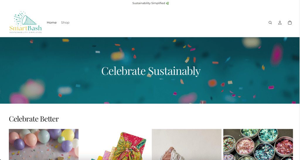 SmartBash website banner with colorful confetti and eco-friendly party supplies for sustainable celebrations.