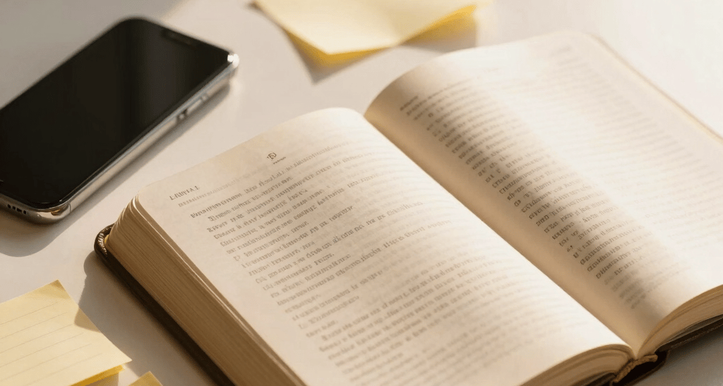 A glowing open Bible resting on a dark wooden table illuminated by soft candlelight.