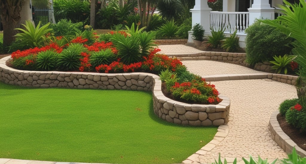 A vibrant, freshly landscaped garden showing lush greenery and colorful flowers under soft morning light.