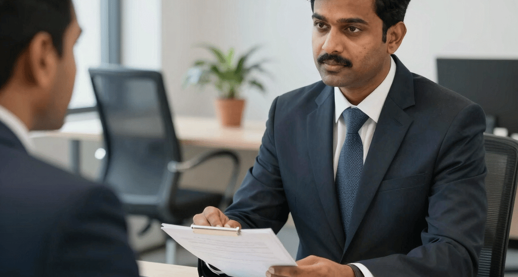An Indian chartered accountant attentively reviewing financial documents with a client in a well-lit office.