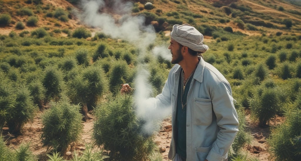 Lush Moroccan cannabis field under a bright blue sky with Atlas Mountains in the background