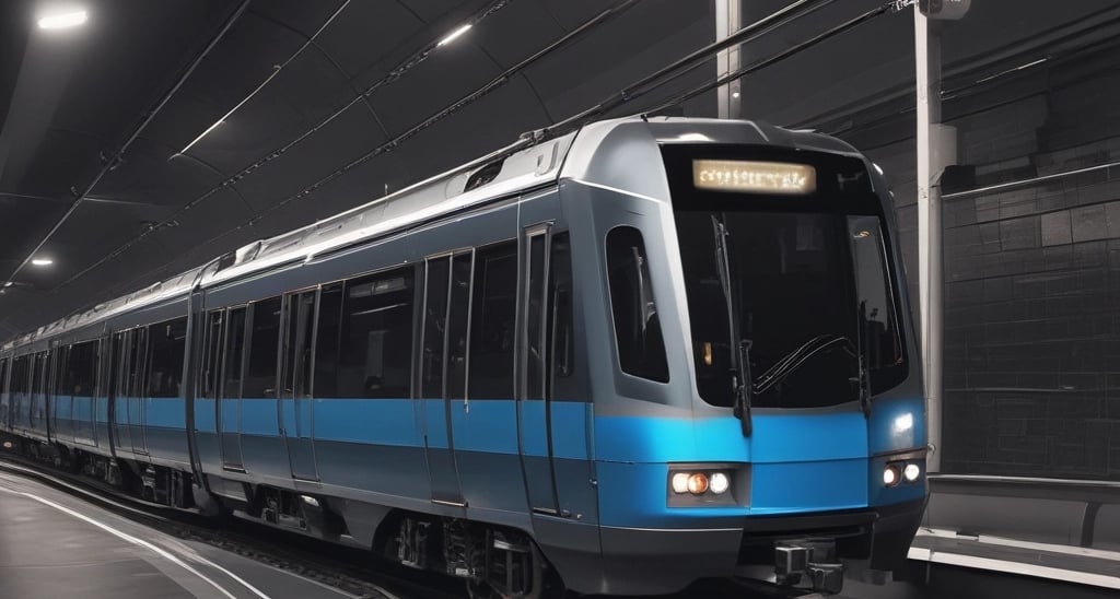 A sleek metro train gliding smoothly along an urban track during sunset.