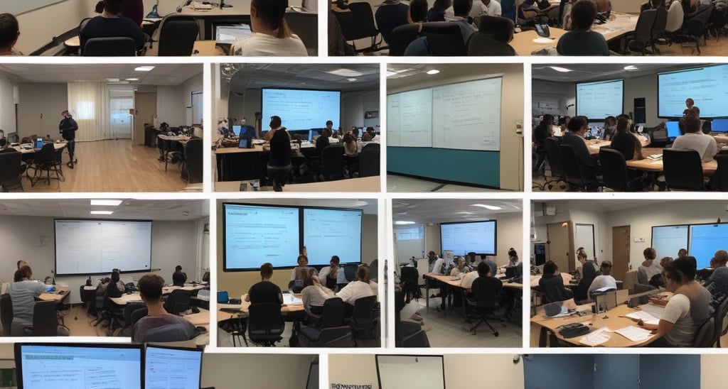 A focused instructor guiding a small group of healthcare professionals through medical coding exercises in a bright, modern classroom.