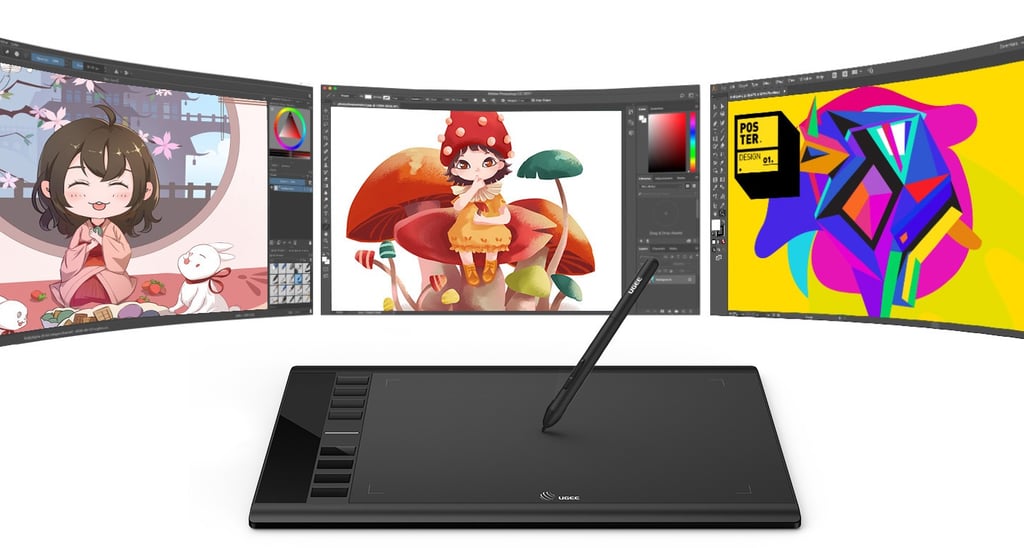 Tableta gráfica digital Ugee con lápiz óptico y software de ilustración creativa en tres monitores.