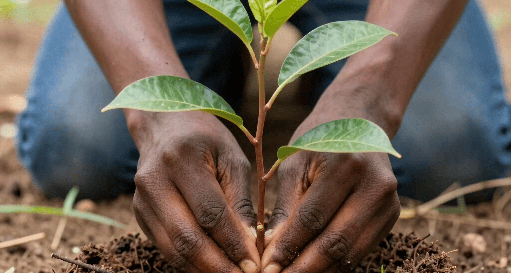 A close-up of hands planting a young tree seedling in rich soil, symbolizing growth and care.